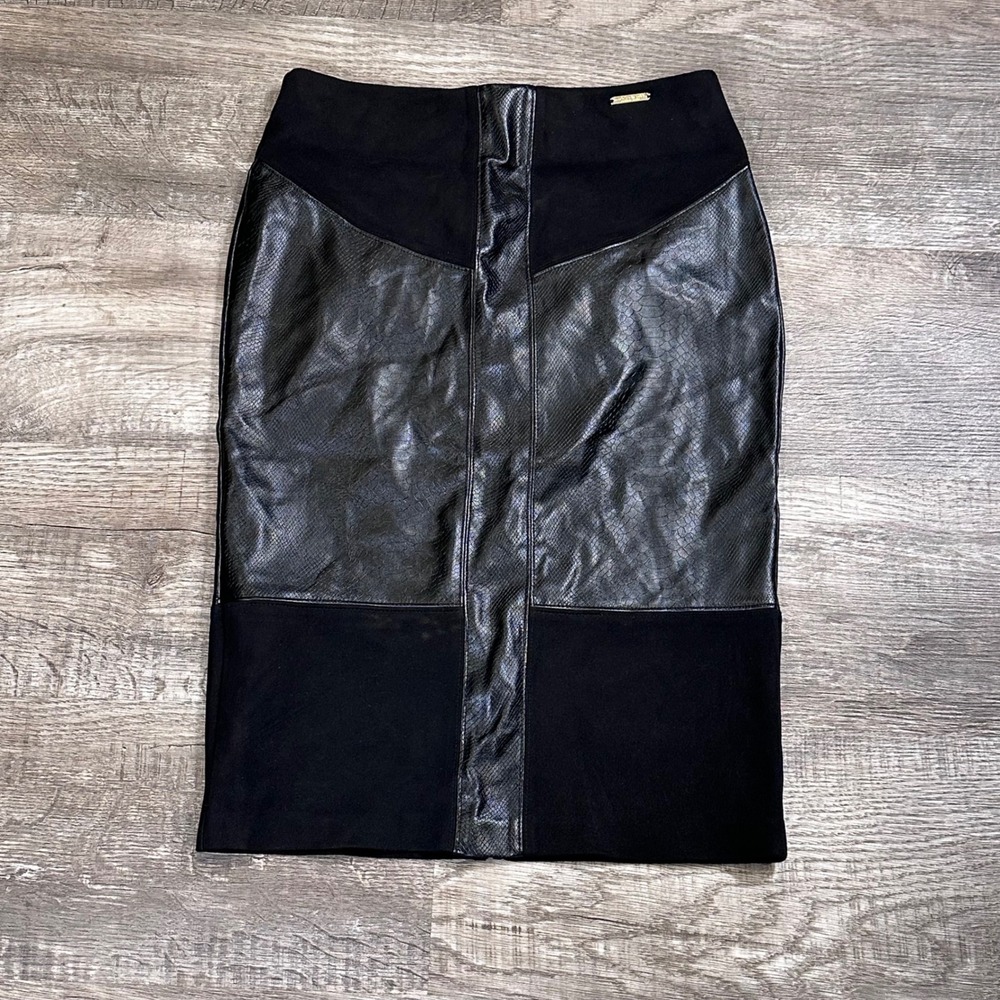 Marc New York Andrew Marc Black Faux Leather Snakeskin Mixed Media Pencil Skirt
